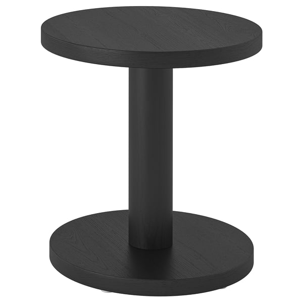 STOCKHOLM 2025: black round side table. Modern scandinavian design. One central leg, smooth wood top, sleek finish.