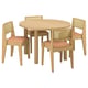 Round oak wood dining set with 4 chairs, orange cushions, natural rattan backs. Classic, durable, elegant design.