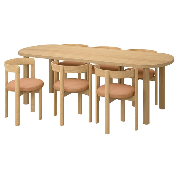 Oval oak dining set, six chairs with peach leather seats, scandinavian design.