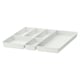 A white plastic organiser tray, divided into sections for drawer storage. It is designed to fit a 60 cm wide drawer and made of polypropylene plastic.