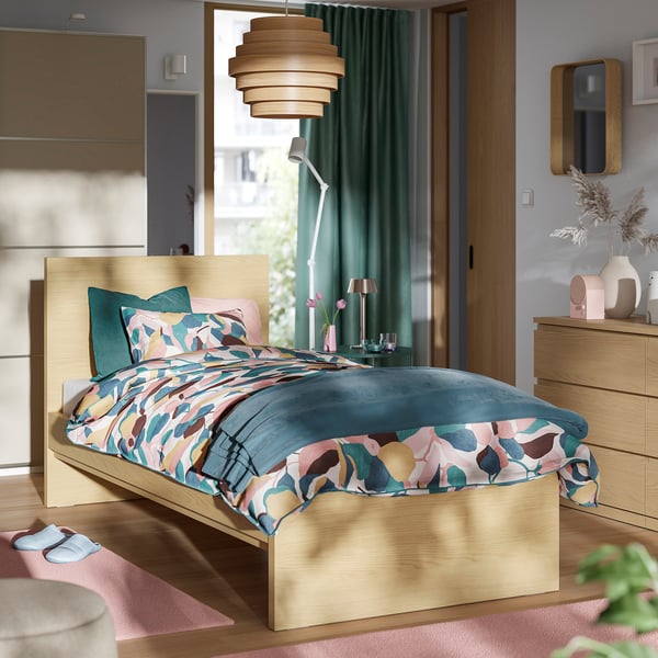 STORKLINTA Bed frame, oak effect/Luröy, 90x200 cm