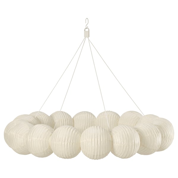 STRÅLA white pendant lamp, round paper shades, hangs from ceiling, emits soft light.