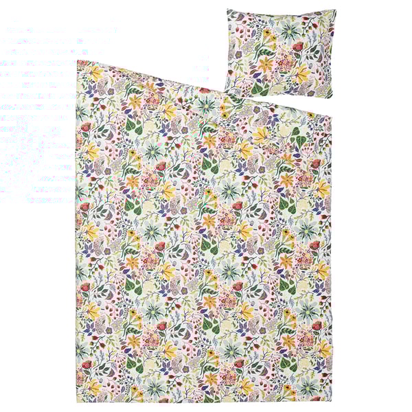 STRANDLUMMER duvet set, floral design, white base, colourful flowers, 100% cotton, includes duvet cover and pillowcase.