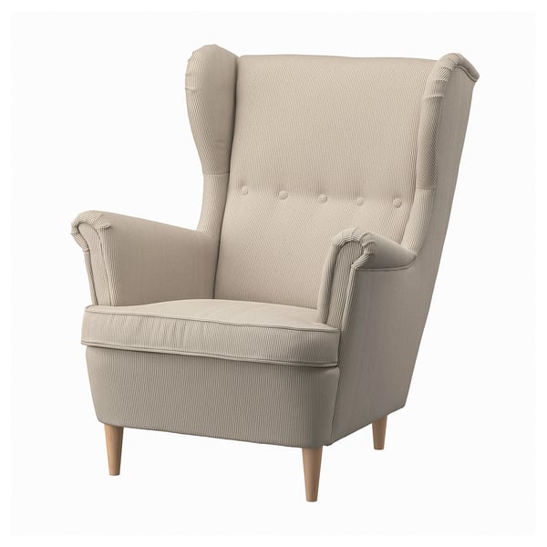 Comfortable grey STRANDMON wing chair, high back, soft lines, wooden legs.