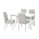 A white STRANDTORP dining set. It includes a square, extendable table and four matching fabric chairs.