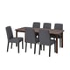 A STRANDTORP dining set with a dark brown extending table and six grey cushioned chairs.