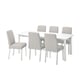 White STRANDTORP dining set with 6 chairs. Modern, clean design. White metal legs, fabric seats.