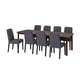 A STRANDTORP dining set with a dark brown wooden table and six gray chairs.