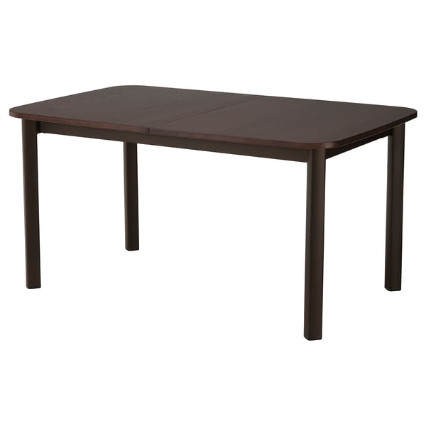 STRANDTORP brown extendable dining table, rectangular with dark wood veneer top, sturdy steel legs, minimalist design.