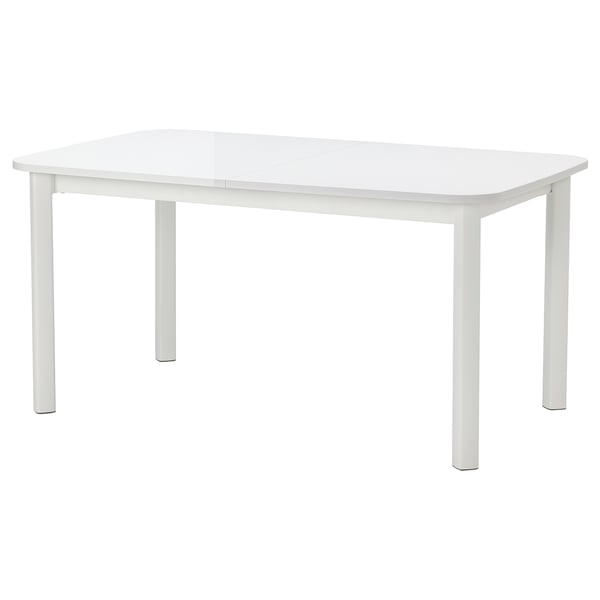 STRANDTORP white extendable dining table with metal legs, modern minimalist design.