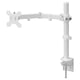 A white STUBBERGET monitor arm, adjustable and clamp-on, made of steel and plastic for desk mounting.