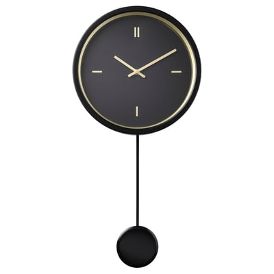 Black wall clock, round shape, gold accents, aluminium face, gold hands, single pendulum.