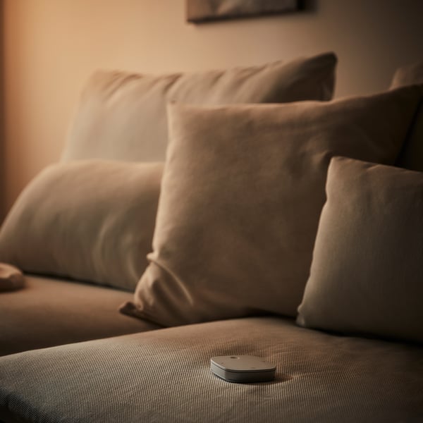 Sophisticated living room with beige sofa, several matching pillows, and a sleek silver remote control on the cushion.
