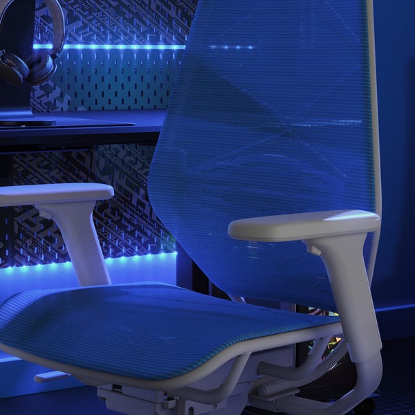 Modern white gaming chair with blue led lights in a sleek, ergonomic design. Adjustable armrests and a high backrest for optimal comfort.