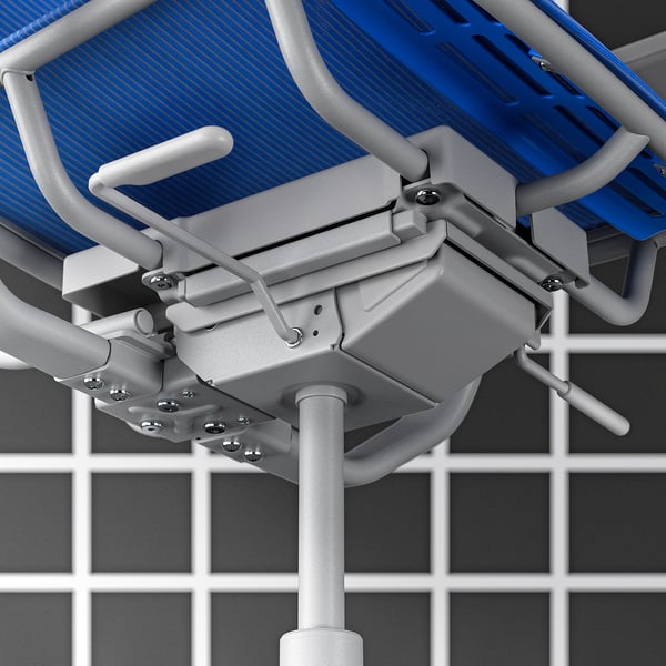 Image shows STYRSPEL blue gaming chairs underside, highlighting grey metal base and mechanisms.