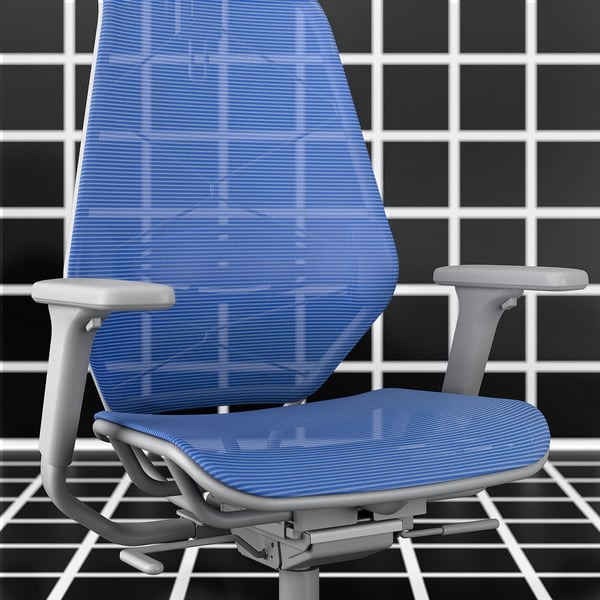 Blue STYRSPEL office chair with mesh back, adjustable arms, and grey base on black grid floor.