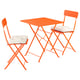 Bright orange metal patio set with square table and two folding chairs, each with cream cushions for outdoor use.