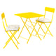 Bright yellow foldable patio set with table and two chairs, featuring white cushions, ideal for small spaces.