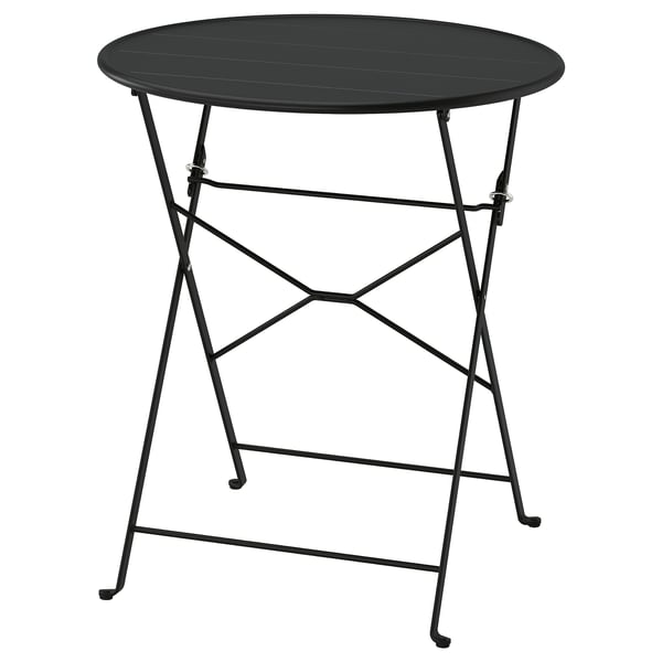 SUNDSÖ: black, round, foldable outdoor table made of steel.