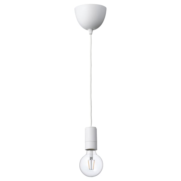 A SUNNEBY pendant lamp. It is mostly white, with a textile cord and a clear glass bulb. The bulb has a visible filament and emits a warm light.