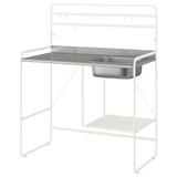 The SUNNERSTA mini-kitchen, white & sleek, a stainless-steel sink, sturdy metal frame, and tiered shelves for compact cooking areas.