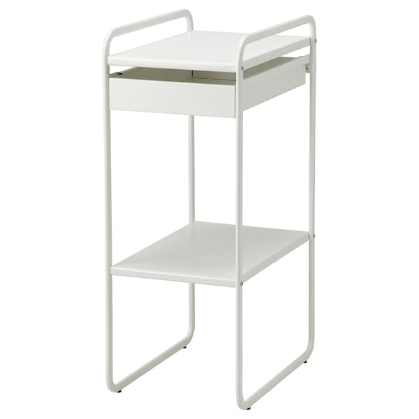 White SUNNERSTA multi-use metal storage unit with shelves and drawer.