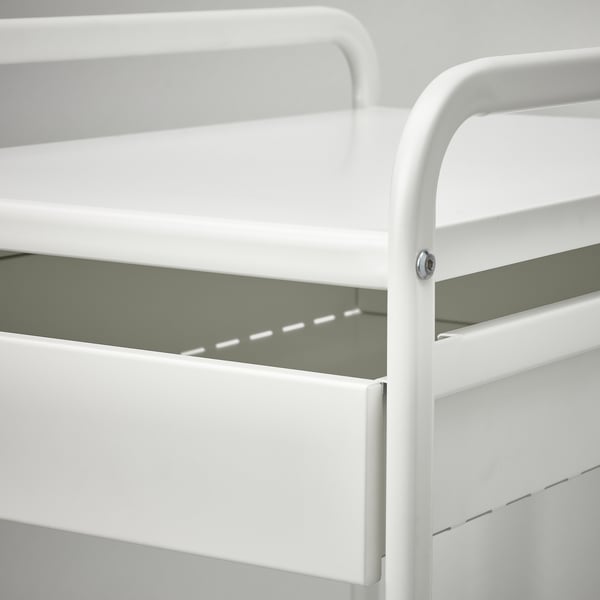 White metal shelf unit, sturdy design, multiple shelves, clean lines.