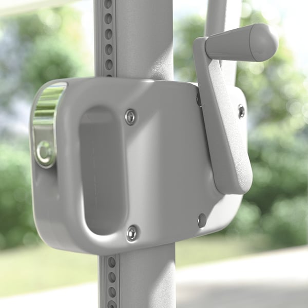 Svalon silver outdoor umbrella; modern design, rectangular canopy, crank handle, steel pole.