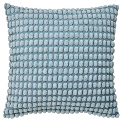 A soft, pale blue square cushion with a textured, patterned cover made from recycled polyester.