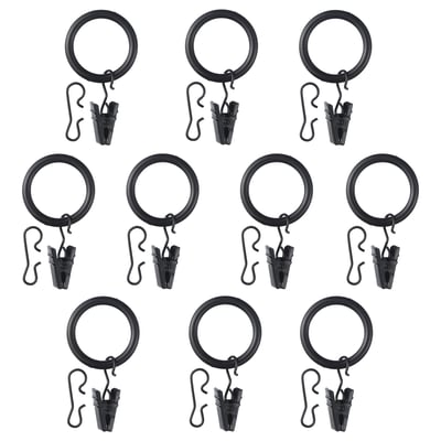 Black SYRLIG curtain ring set, 12 pieces with clips or hooks, abs plastic and steel, circular shape, versatile design.