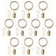 Twelve gold curtain ring sets: 6 with clips, 6 with hooks, circular design, brass-toned metal, polyethylene lining.