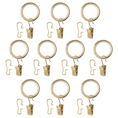 Twelve gold curtain ring sets: 6 with clips, 6 with hooks, circular design, brass-toned metal, polyethylene lining.