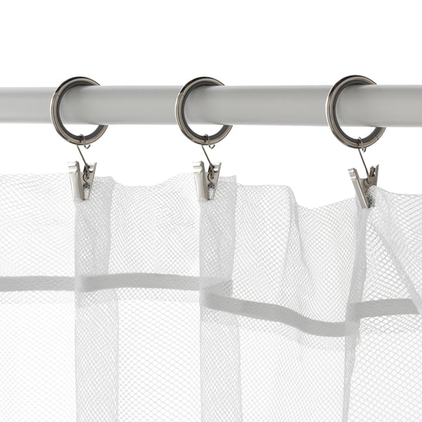 Shower curtain hooks with clips. Hooks attach to curtain rod, clips hold mesh curtain.