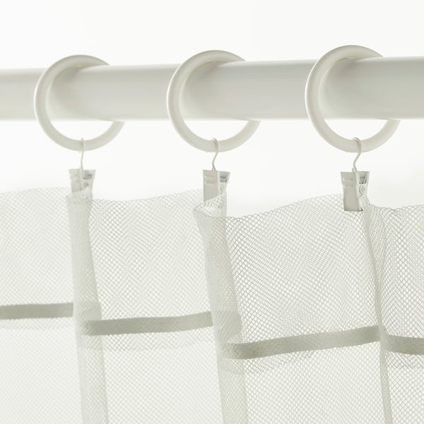 Three white curtain rings with hooks holding sheer curtains, demonstrating easy curtain sliding function.