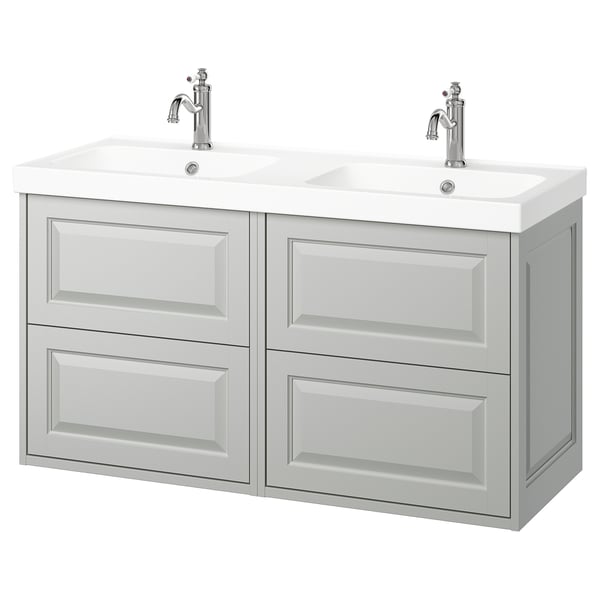 Modern dual vanity in light grey with double sinks and chrome faucets.