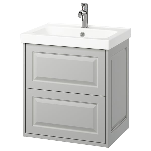 TÄNNFORSEN white vanity, wall-mounted with gray drawers, rounded sink and chrome faucet, elegant design.