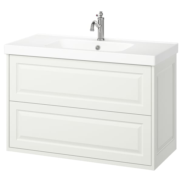 TÄNNFORSEN white wall-mounted bathroom cabinet, 2 drawers, classic design with bevelled edges.