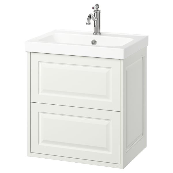 White TÄNNFORSEN bathroom vanity, 2 drawers, ceramic sink, chrome faucet.