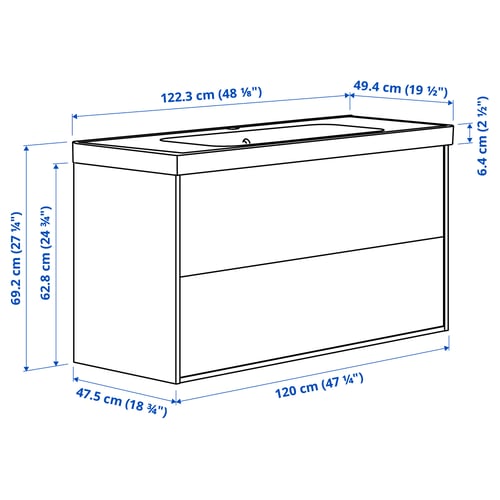 TÄNNFORSEN / ORRSJÖN Wash-stnd w drawers/wash-basin, white, 122x49x69 cm