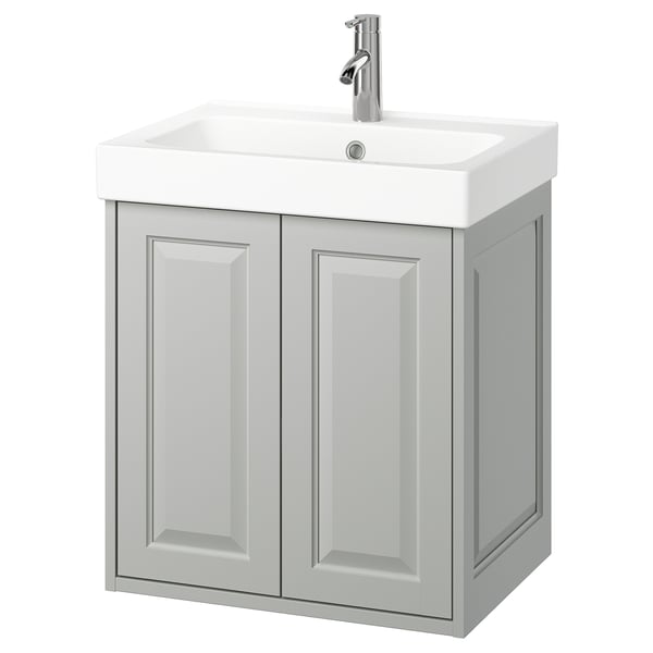 TÄNNFORSEN light grey bathroom vanity. Wall-mounted with double doors, bevelled edges, ceramic basin, and chrome tap.