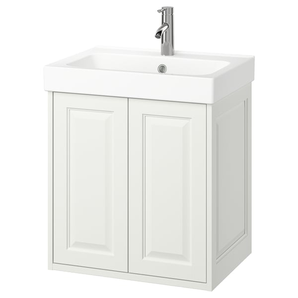 White TÄNNFORSEN wall-mount bathroom vanity, classic wooden design with bevelled edges, single deep basin, chrome faucet.