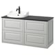 TÄNNFORSEN light grey bathroom cabinet with drawers, white basin, black countertop.