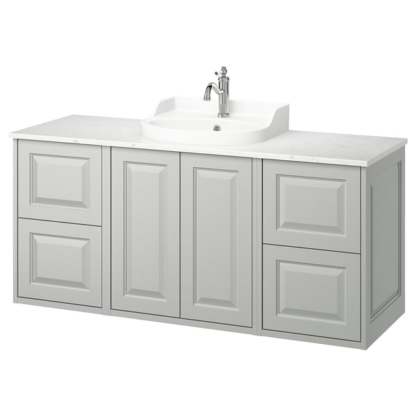 TÄNNFORSEN light grey bathroom vanity, wall-mounted, drawers, cabinets, ceramic basin, chrome faucet.