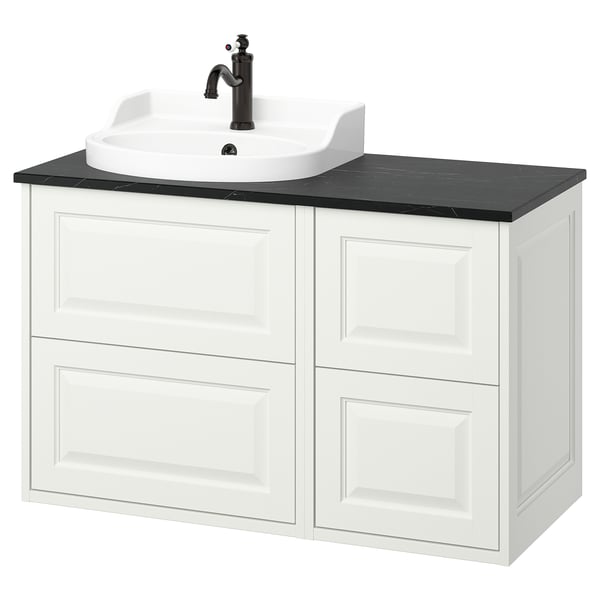 White TÄNNFORSEN vanity: black countertop, ceramic sink, matte black faucet, wall-mounted, four drawers.