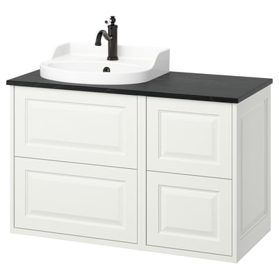 White TÄNNFORSEN vanity: black countertop, ceramic sink, matte black faucet, wall-mounted, four drawers.