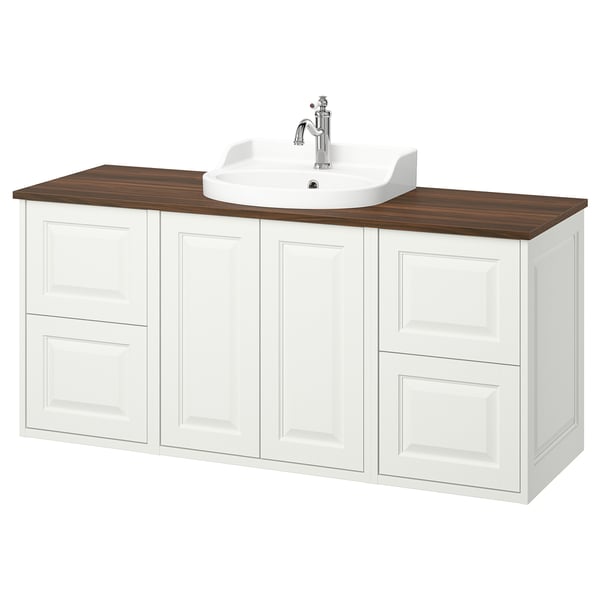 TÄNNFORSEN white bathroom vanity, wooden top, chrome faucet.
