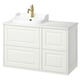 White TÄNNFORSEN bathroom vanity with marble counter, gold tap.