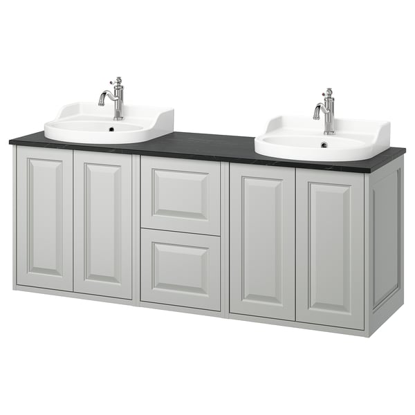 Double TÄNNFORSEN vanity in light grey with sleek lines, 2 basins, chrome faucets, and ample storage.