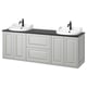 A TÄNNFORSEN white vanity with two sinks and cabinets. Its a modern bathroom piece with light grey, beveled panels, offering ample storage.