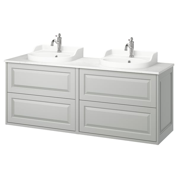 Tannforsen double sink vanity in light grey, with two washbasins, chrome fixtures, and ample storage.